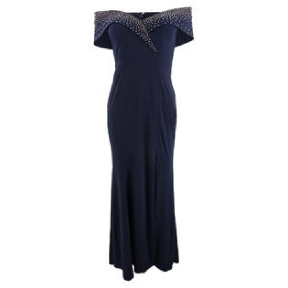 NWT Xscape Womens Beaded Evening Dress, navy blue